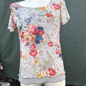 Sundance Gray stripes Floral Fitted Short Sleeve layered Blouse S